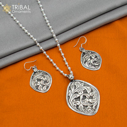 Sterling silver beaded chain necklace with chitai design, traditional cultural jewelry by TRIBAL ORNAMENTS, long pendant style.