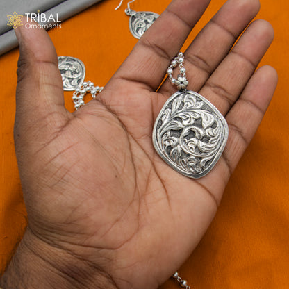 Sterling silver beaded chain with chitai design, traditional long necklace featuring cultural craftsmanship and pendant detail.
