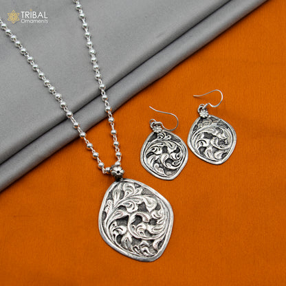 Sterling silver beaded chain necklace with chitai design, traditional cultural jewelry set by TRIBAL ORNAMENTS.