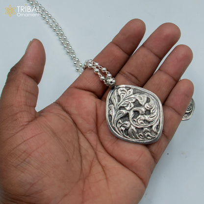 30-inch sterling silver beaded chain with Chitai design, traditional tribal long necklace with pendant, jewelry set by TRIBAL ORNAMENTS.