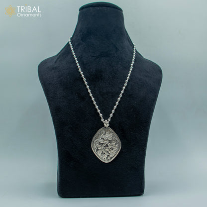 30-inch sterling silver beaded necklace with chitai design, traditional tribal jewelry set by TRIBAL ORNAMENTS.