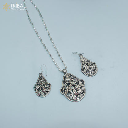 30-inch sterling silver beaded necklace with chitai design, traditional cultural jewelry set by TRIBAL ORNAMENTS.