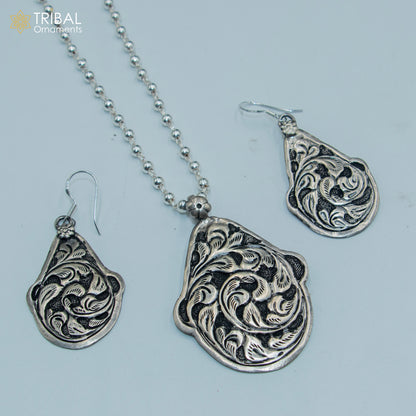 Sterling silver beaded chain with chitai design, traditional long necklace from TRIBAL ORNAMENTS, cultural jewelry set.
