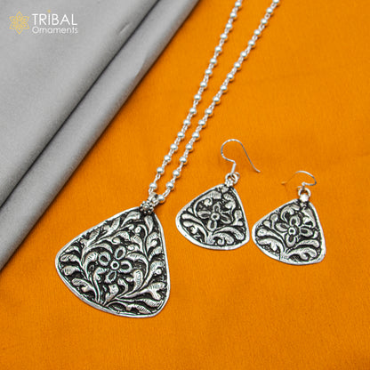 Sterling silver beaded chain with flower design, traditional long necklace from Tribal Ornaments, showcasing handcrafted jewelry style.
