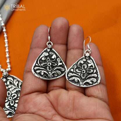 30-inch sterling silver beaded chain necklace with flower design, traditional tribal jewelry by TRIBAL ORNAMENTS.
