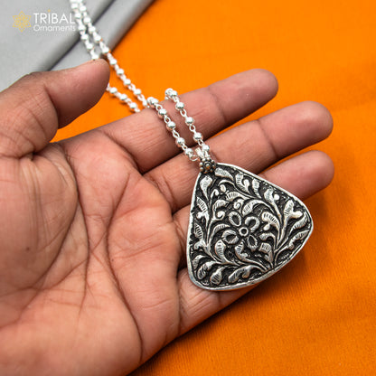 Sterling silver beaded chain with flower design, traditional long necklace from Tribal Ornaments, cultural jewelry set.