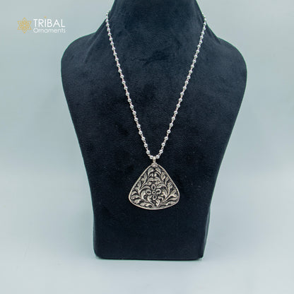 Sterling silver beaded chain long necklace with flower design, traditional tribal jewelry set by TRIBAL ORNAMENTS.