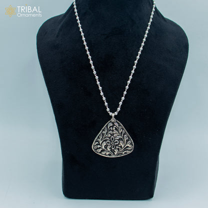 30-inch sterling silver beaded chain necklace with floral design, traditional cultural jewelry from TRIBAL ORNAMENTS.