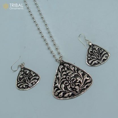 30-inch sterling silver beaded necklace with flower design, traditional tribal jewelry set by TRIBAL ORNAMENTS