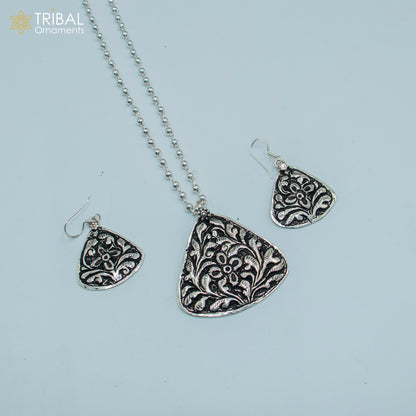 30-inch sterling silver beaded chain necklace with floral pendant, traditional tribal jewelry by TRIBAL ORNAMENTS.