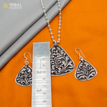 Sterling silver beaded chain with floral pendant, traditional tribal long necklace, handmade jewelry by Tribal Ornaments.