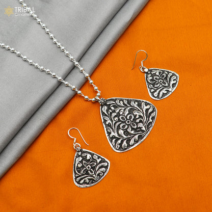 Sterling silver beaded chain with flower design, traditional long necklace from TRIBAL ORNAMENTS, cultural jewelry set.