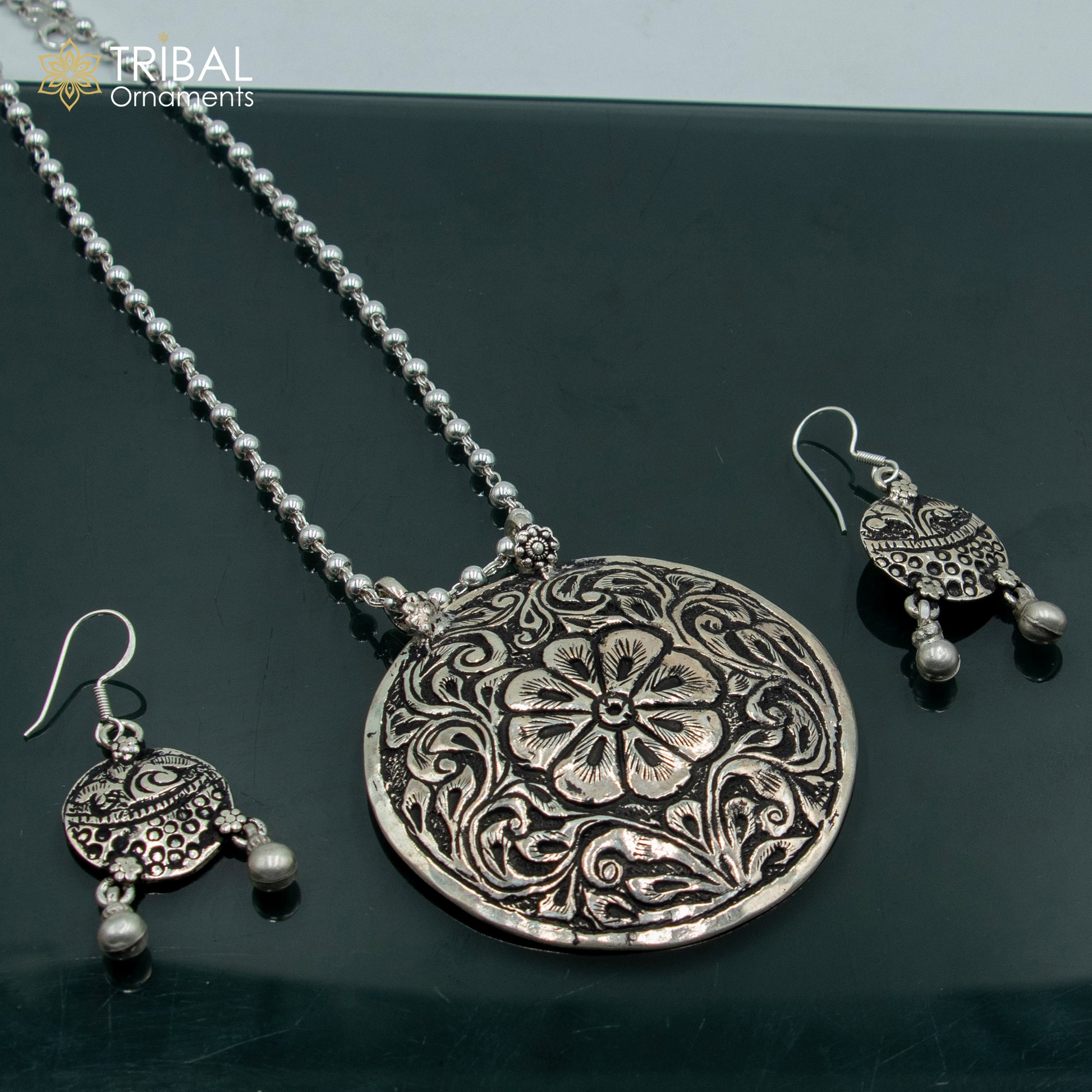 30" 925 sterling silver handmade beaded chain with flower design long necklace traditional cultural functional pendant necklace jewelry  Set717 - TRIBAL ORNAMENTS