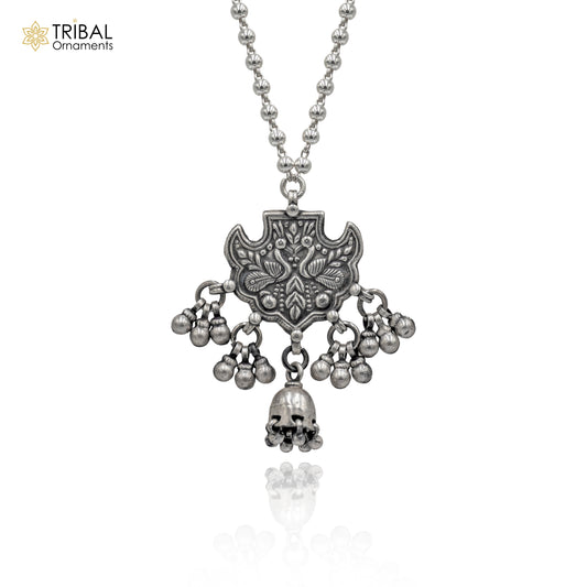 30" 925 sterling silver handmade beaded chain with peacock design long necklace traditional cultural functional pendant necklace jewelry  Set707 - TRIBAL ORNAMENTS
