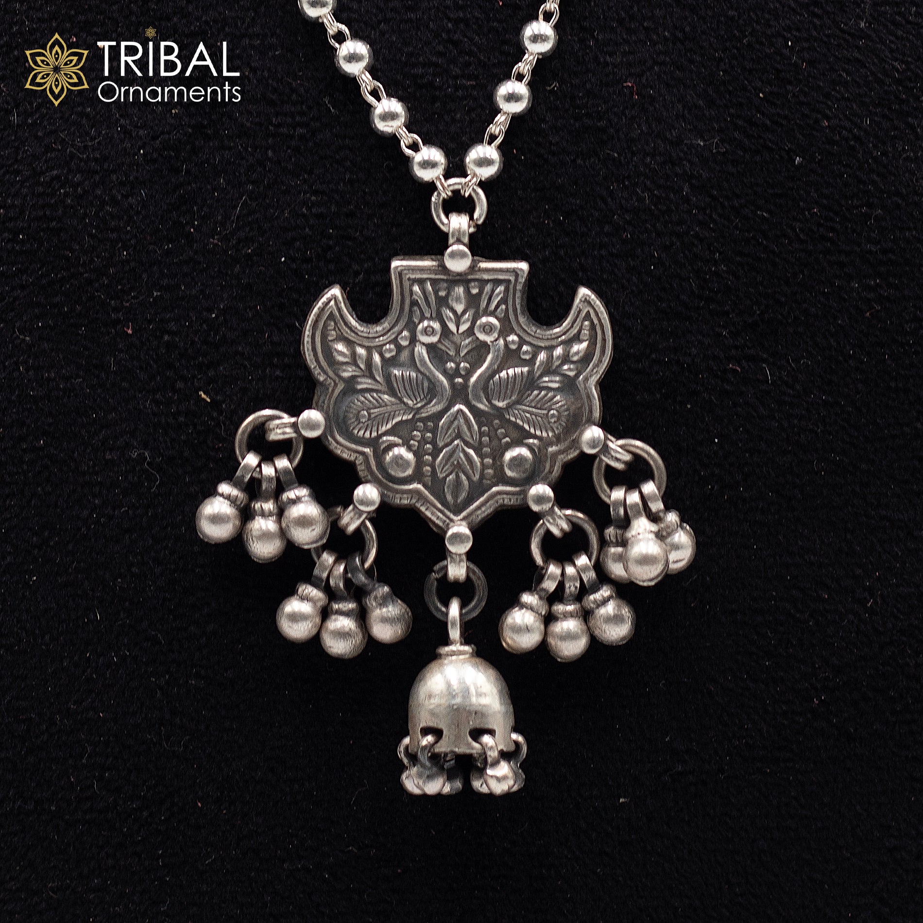 30" 925 sterling silver handmade beaded chain with peacock design long necklace traditional cultural functional pendant necklace jewelry  Set707 - TRIBAL ORNAMENTS