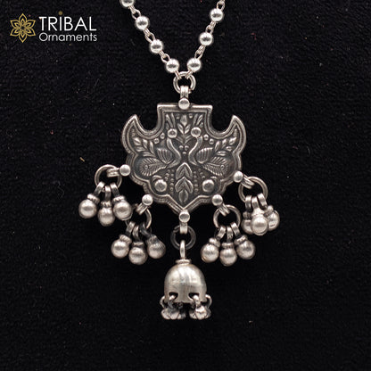 925 sterling silver beaded chain necklace with peacock pendant, traditional tribal jewelry, handmade long necklace by TRIBAL ORNAMENTS