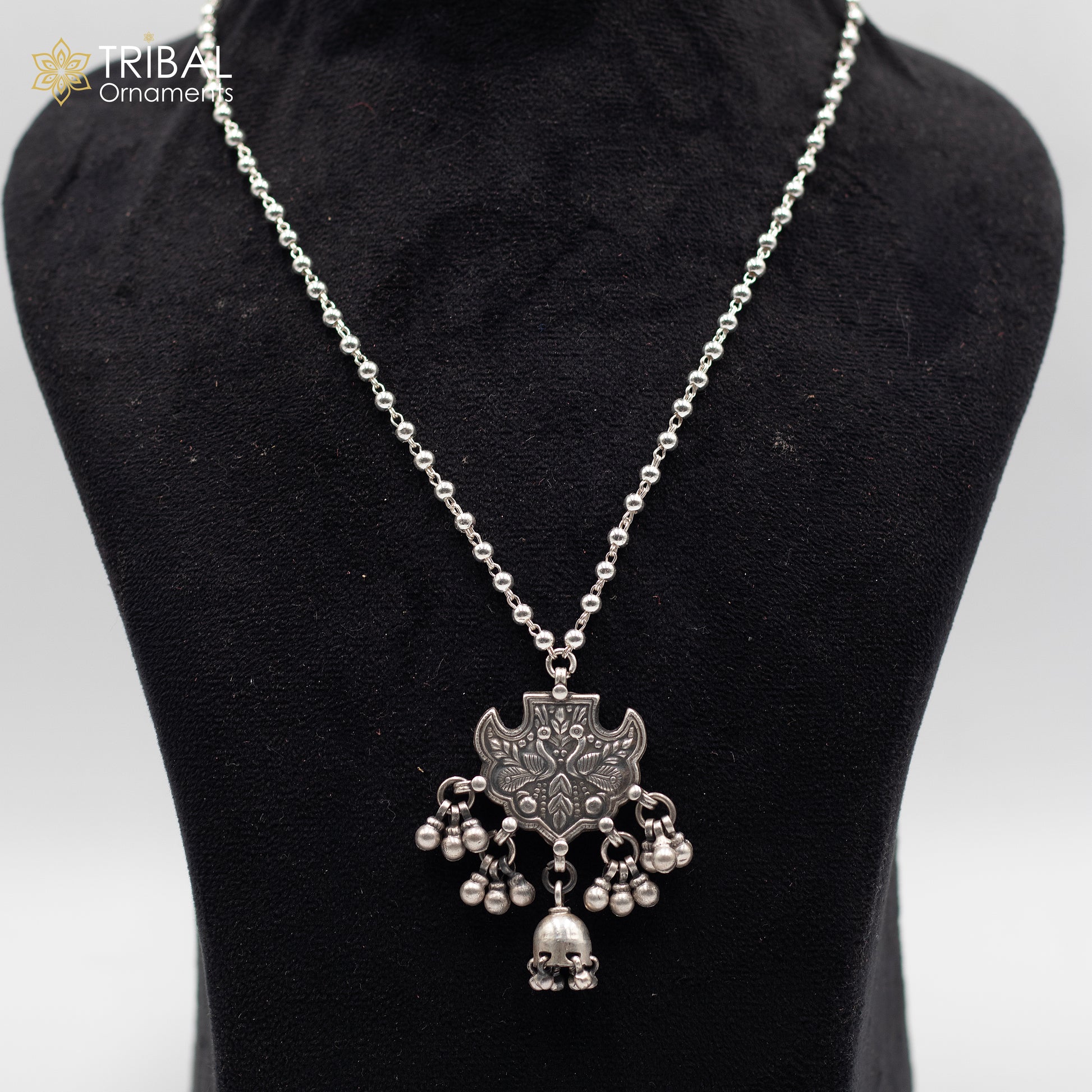 30" 925 sterling silver handmade beaded chain with peacock design long necklace traditional cultural functional pendant necklace jewelry  Set707 - TRIBAL ORNAMENTS