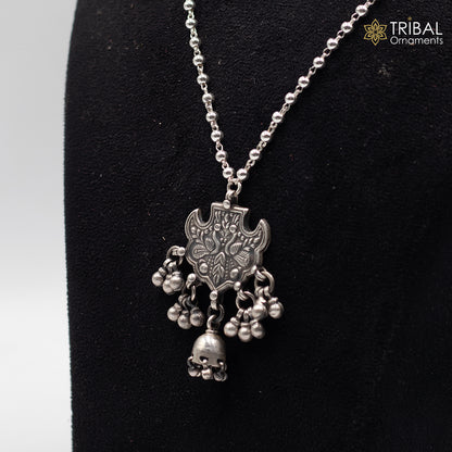 925 sterling silver beaded chain long necklace with peacock design, traditional tribal jewelry by TRIBAL ORNAMENTS.