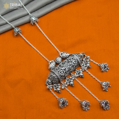 925 sterling silver Chitai design long necklace set with traditional cultural pendant, handmade jewelry by Tribal Ornaments.