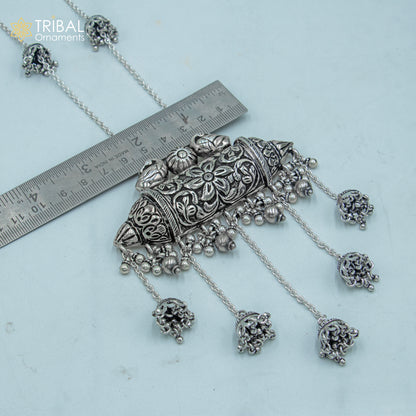 Sterling silver Chitai design long necklace with traditional cultural pendant, handmade jewelry set by TRIBAL ORNAMENTS.