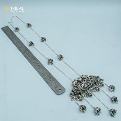 925 sterling silver long necklace with chitai design, traditional tribal jewelry set featuring handmade cultural pendant and chain.
