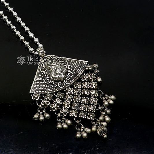 30" 925 sterling silver peacock design pendant with hanging drops, oxidized  brides belly dance gifting necklace ethnic jewelry set683 - TRIBAL ORNAMENTS