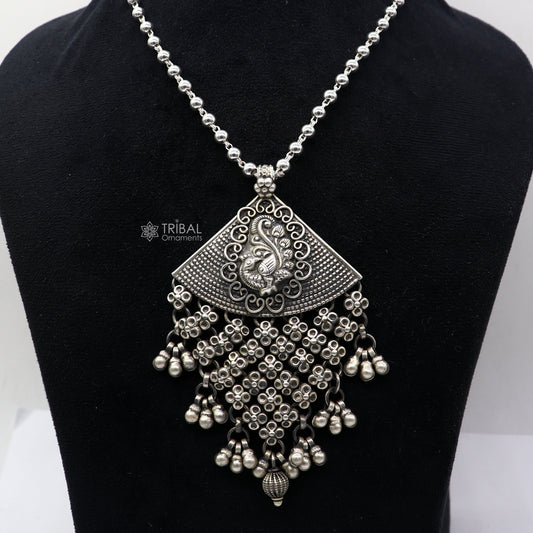 30" 925 sterling silver peacock design pendant with hanging drops, oxidized  brides belly dance gifting necklace ethnic jewelry set683 - TRIBAL ORNAMENTS