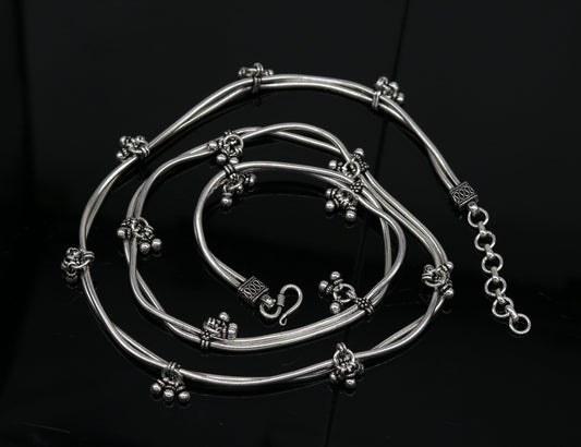 32" to 34" handmade adjustable 925 sterling silver double strands snake chain waist belt, belly chain waist chain with hanging drops nwch20 - TRIBAL ORNAMENTS