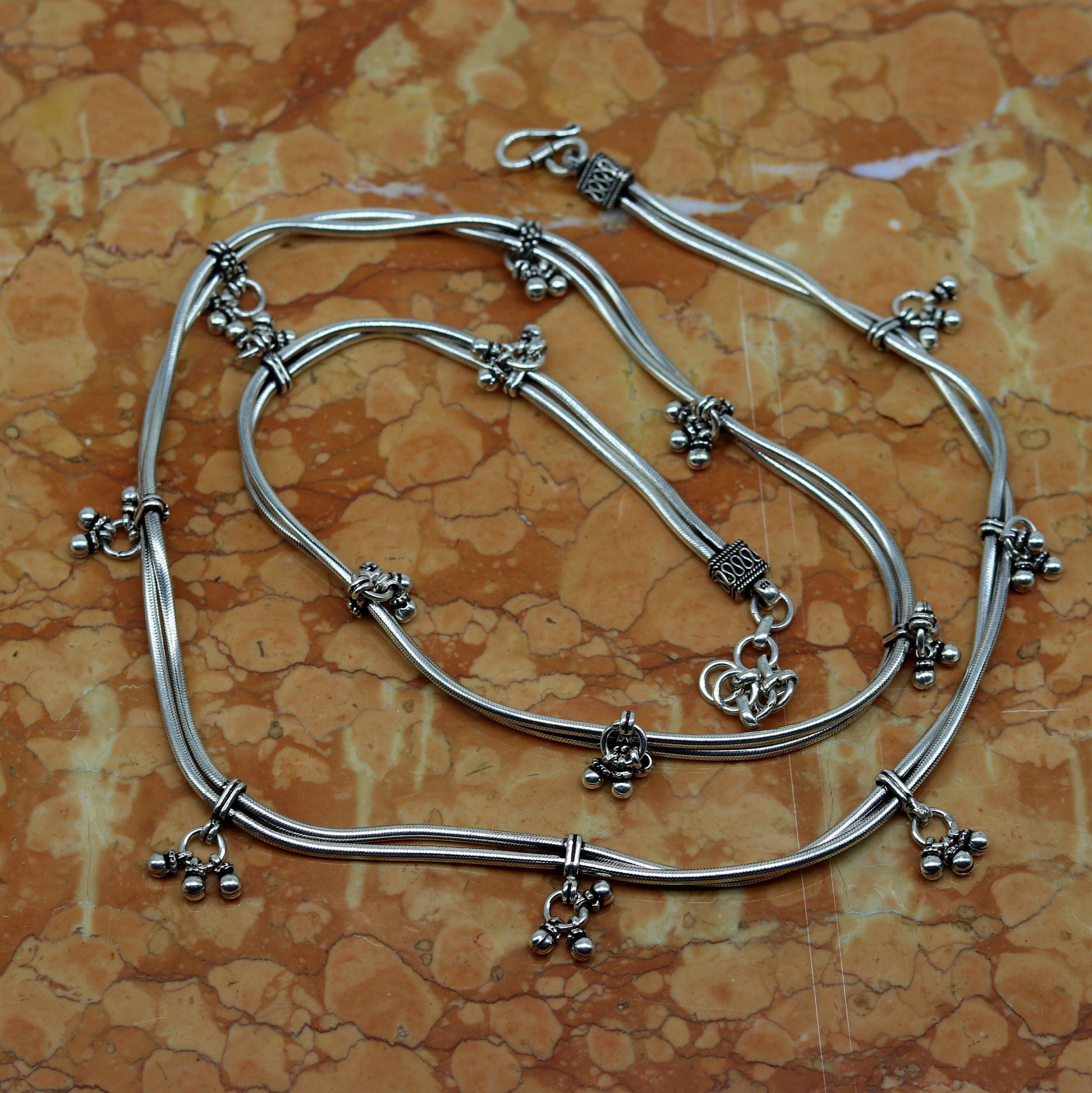 32" to 34" handmade adjustable 925 sterling silver double strands snake chain waist belt, belly chain waist chain with hanging drops nwch20 - TRIBAL ORNAMENTS