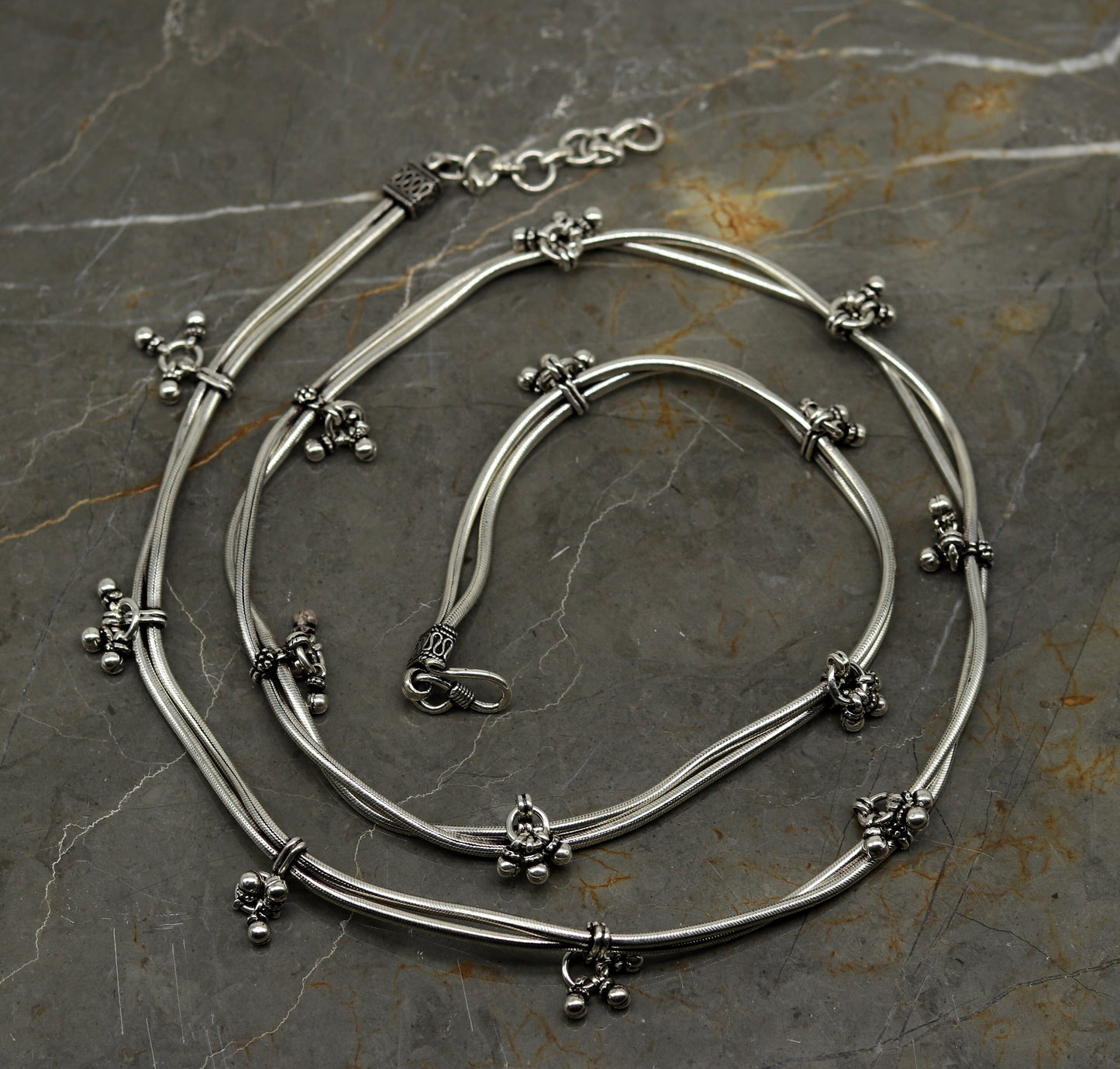 32" to 34" handmade adjustable 925 sterling silver double strands snake chain waist belt, belly chain waist chain with hanging drops nwch20 - TRIBAL ORNAMENTS