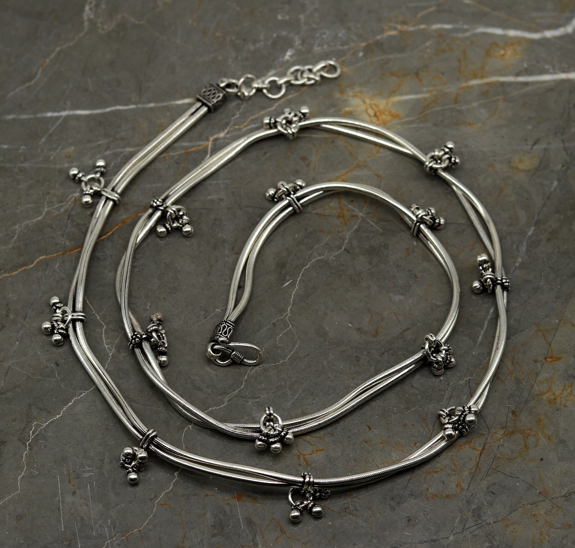 32" to 34" handmade adjustable 925 sterling silver double strands snake chain waist belt, belly chain waist chain with hanging drops nwch20 - TRIBAL ORNAMENTS