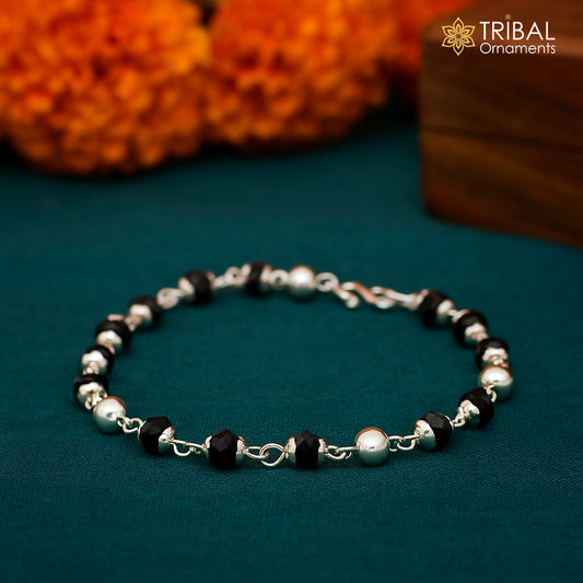 4.5" inches long handmade sterling silver beaded bracelet or necklace for baby krishna figurine or sculpture, best puja necklace sbr226 - TRIBAL ORNAMENTS