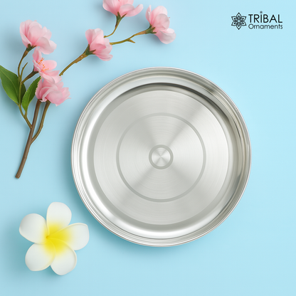 Handmade 4-inch 999 fine silver tray and baby food set by Tribal Ornaments, featuring silver utensils for gifting and puja ceremonies.
