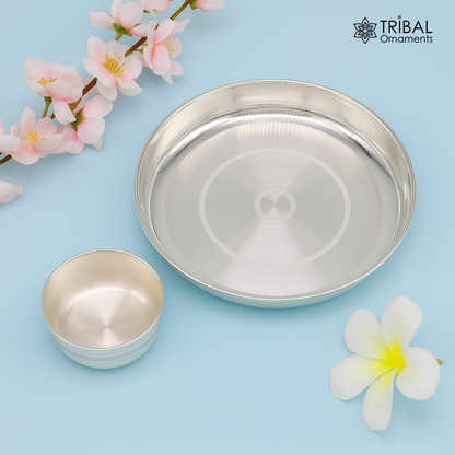 Handmade 4-inch silver plate, tray, small bowl and utensils set for baby food, ideal for rice ceremony Annaprasan by Tribal Ornaments.