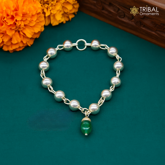 4" inches long handmade sterling silver beaded bracelet or necklace for baby krishna figurine or sculpture, best puja tulsi neckace sbr223 - TRIBAL ORNAMENTS