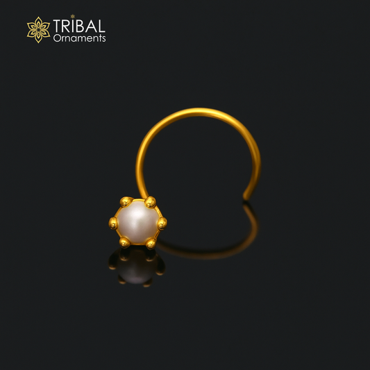 4 mm 18 kt yellow gold fabulous nose pin, excellent single pearl nose pin, stunning design gifting gold jewelry for girl's women's gnp38 - TRIBAL ORNAMENTS