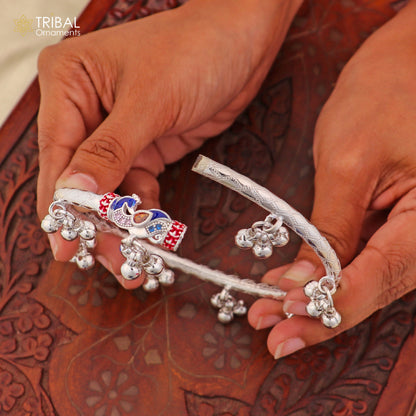 Sterling silver vintage ankle bracelet with bells and custom design, featuring 4mm beads and tribal-inspired jewelry style.