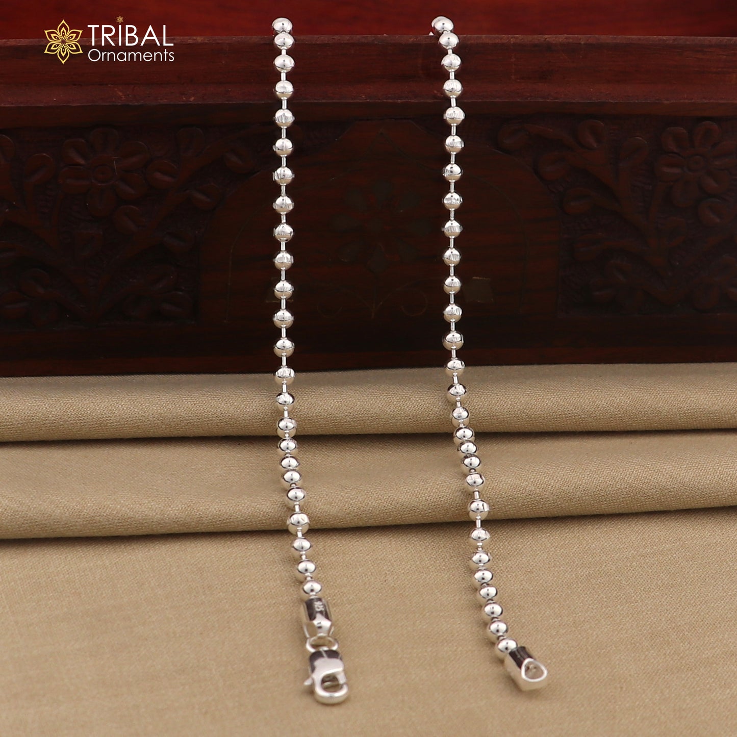 4mm 10.5 925 sterling silver beaded/ball chain anklet bracelet light weight delicate anklets belly dance silver jewelry ank601 - TRIBAL ORNAMENTS