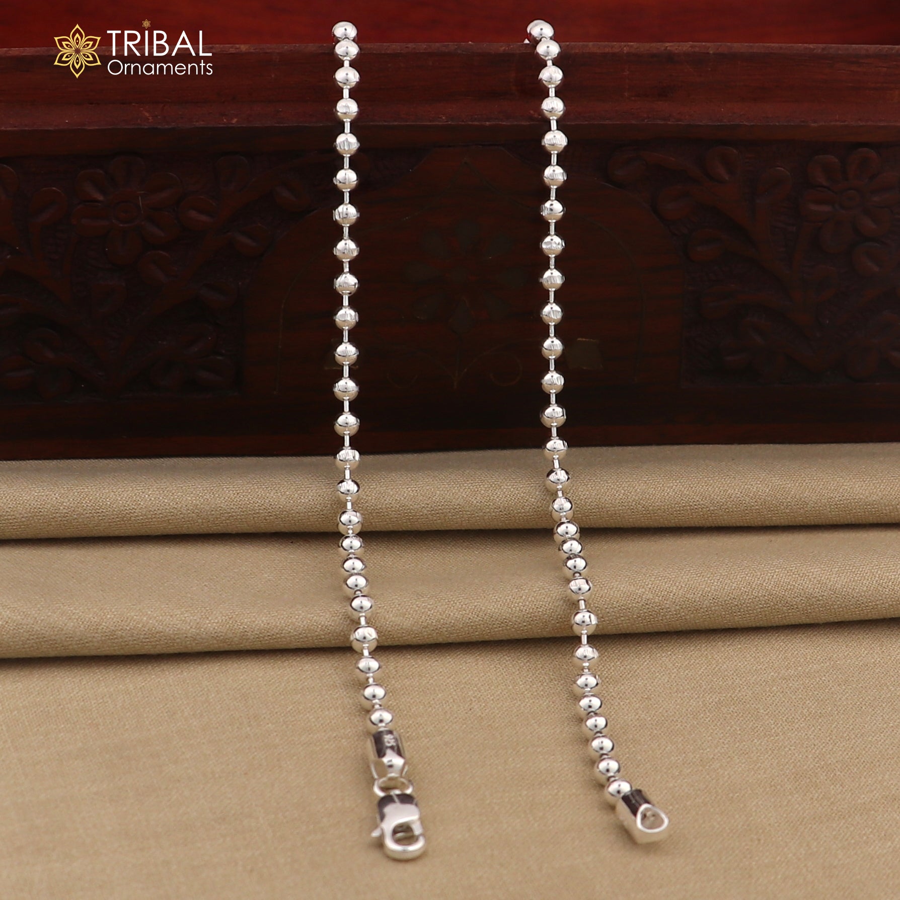 4mm 10.5 925 sterling silver beaded/ball chain anklet bracelet light weight delicate anklets belly dance silver jewelry ank601 - TRIBAL ORNAMENTS