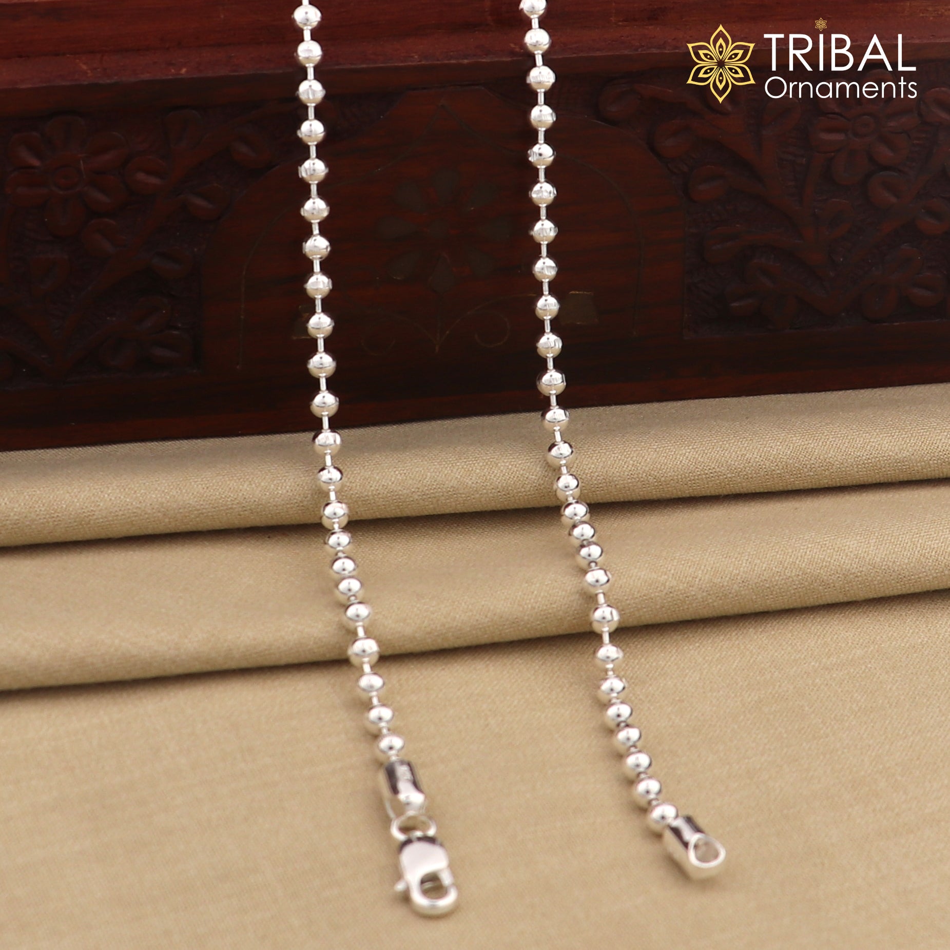 4mm 10.5 925 sterling silver beaded/ball chain anklet bracelet light weight delicate anklets belly dance silver jewelry ank601 - TRIBAL ORNAMENTS