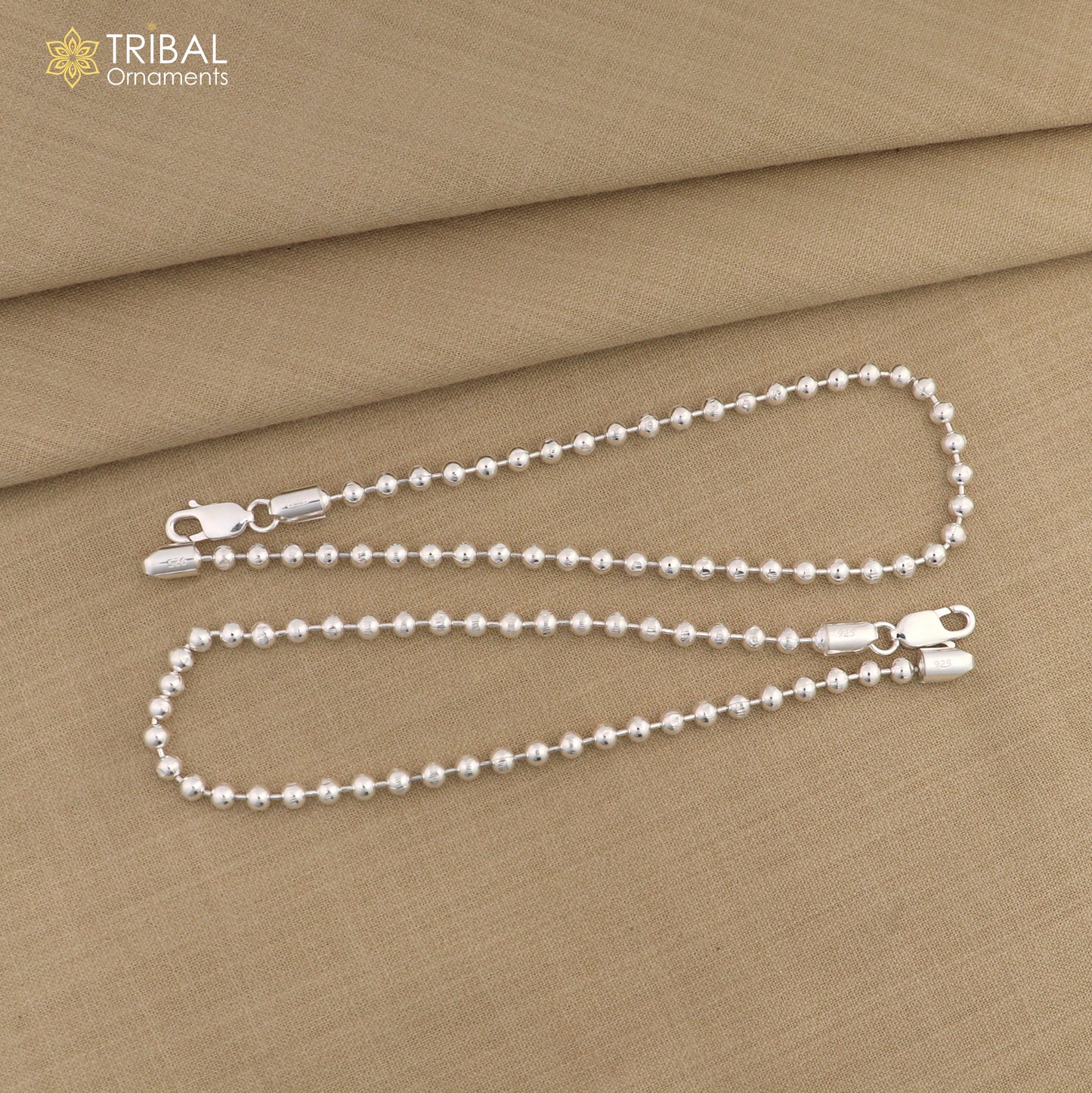 4mm 10.5 925 sterling silver beaded/ball chain anklet bracelet light weight delicate anklets belly dance silver jewelry ank601 - TRIBAL ORNAMENTS