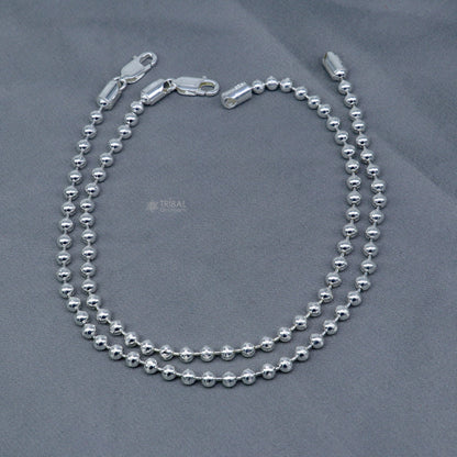 4mm 925 sterling silver beaded anklet bracelet with lightweight ball chain design, perfect for belly dance or casual silver jewelry.