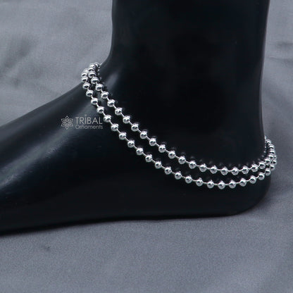 4mm sterling silver beaded ball chain anklet bracelet by TRIBAL ORNAMENTS, lightweight silver jewelry for belly dance or casual wear