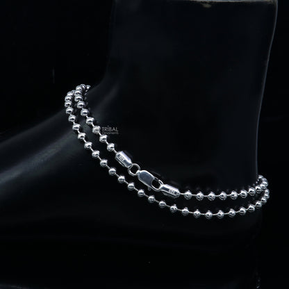 Sterling silver 4mm beaded ball chain anklet bracelet by TRIBAL ORNAMENTS, lightweight silver jewelry for belly dance and casual wear.