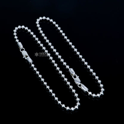 Sterling silver 4mm beaded ball chain anklet bracelet by Tribal Ornaments, lightweight belly dance silver jewelry with intricate bead design.