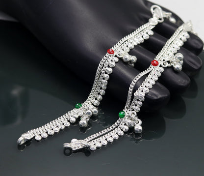 Handmade 5.5-inch sterling silver baby anklet with noisy sound bells and charm, ideal for kids and belly dance jewelry from India.