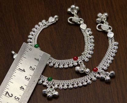 Sterling silver baby anklet with noisy sound bells and charm, handmade tribal jewelry for kids, ideal for belly dance or gifting.