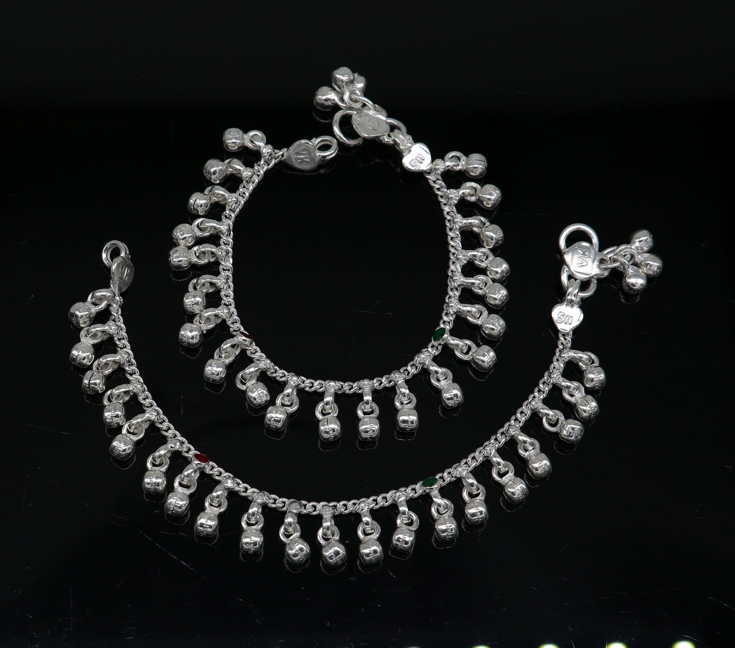 5.5" Handmade sterling silver new born baby anklets, excellent waved charming noisy bells baby anklet bracelet, payal kids jewelry ank280 - TRIBAL ORNAMENTS