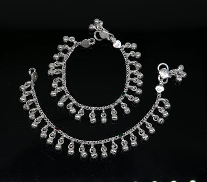 5.5" Handmade sterling silver new born baby anklets, excellent waved charming noisy bells baby anklet bracelet, payal kids jewelry ank280 - TRIBAL ORNAMENTS