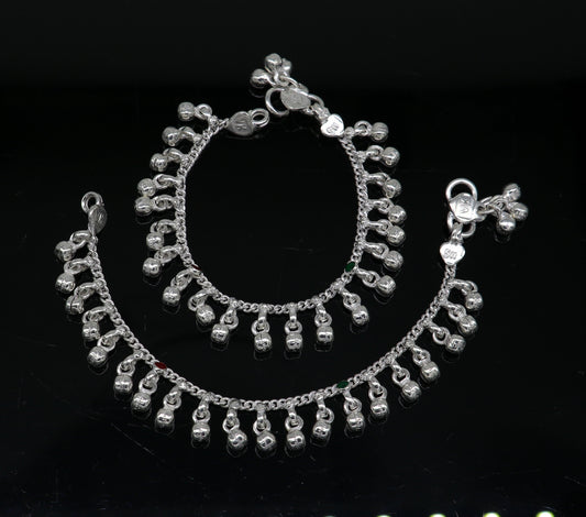5.5" Handmade sterling silver new born baby anklets, excellent waved charming noisy bells baby anklet bracelet, payal kids jewelry ank280 - TRIBAL ORNAMENTS